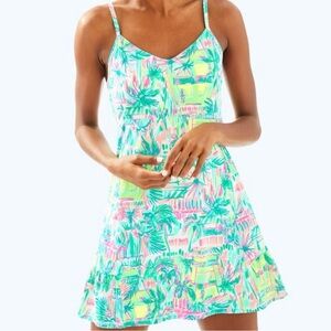 Lilly Pulitzer Luxletic Tropical Palm Print Dress in Mint, Teal, Pink & Yellow